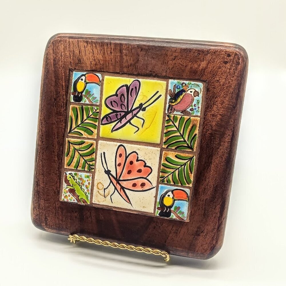 Vintage Hand-Painted Tile Square Wood Trivet
